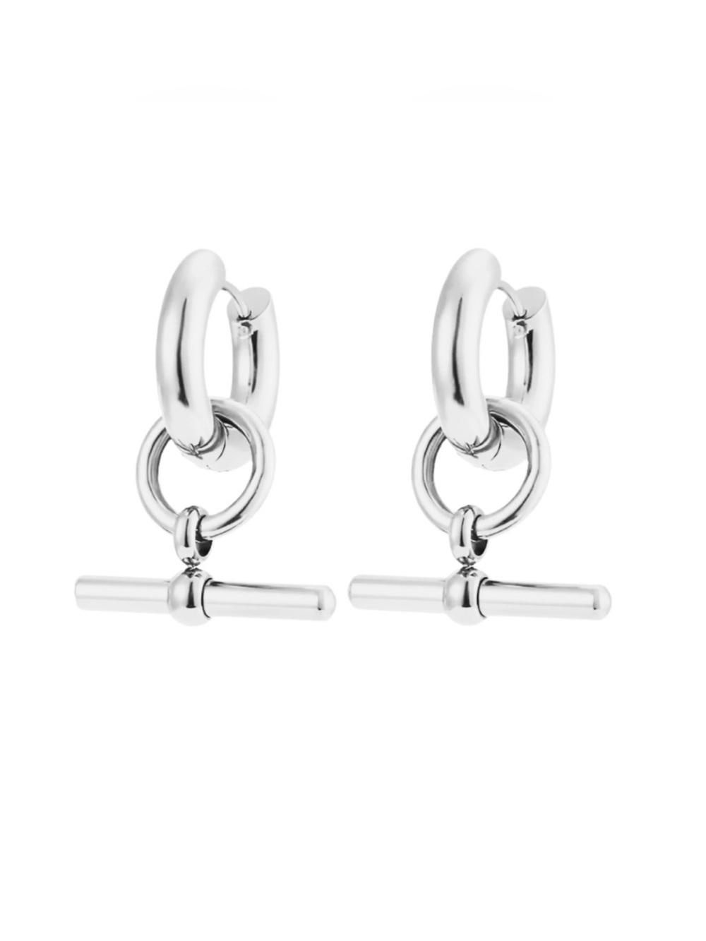 Sterling Silver T-Bar Hoop Drop Earrings - Silver